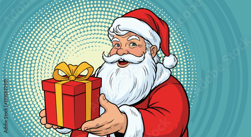 Jolly Santa Claus smiling and holding out a red gift box wrapped with a golden ribbon on a teal spiral background.