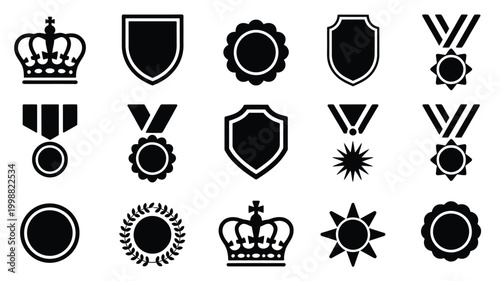 Collection of 15 diverse silhouette icons representing awards achievements and royalty featuring crowns shields medals and starbursts ideal for graphic design and conceptual