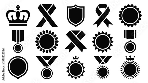 Collection of 15 black silhouette icons representing awards medals ribbons and royal crowns on a clean white background ideal for recognition and achievement themes