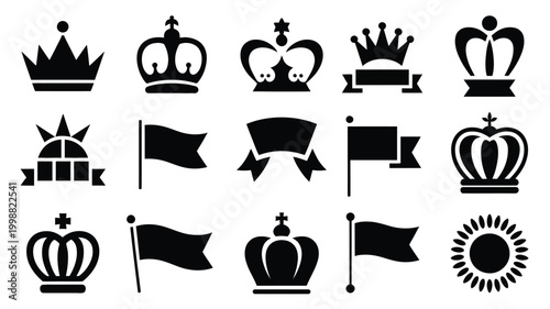 Collection of vintage inspired silhouettes featuring royal crowns decorative ribbons and waving flags symbolizing celebration heritage and national pride on a clean white