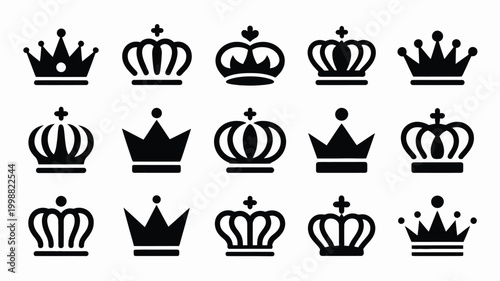 Collection of fifteen distinct black royal crown silhouettes isolated on a clean white background showcasing varied regal designs from simple to ornate for graphic resources