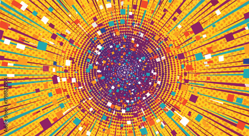 Abstract explosive background pattern with colorful squares and halftone dots radiating from a central purple point.