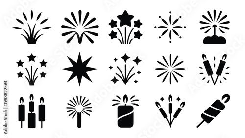 Collection of black flat icons representing fireworks sparklers candles and dynamite for celebrations parties and special events isolated on a white background diverse graphic