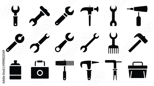 Collection of black silhouette hand tools and equipment icons including wrenches hammers screwdrivers and toolboxes presented on a clean white background for versatile design use