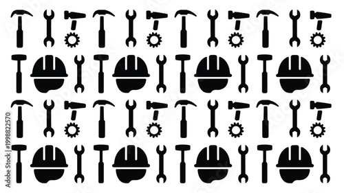 Seamless pattern of black construction industry tools and safety equipment icons including hammers wrenches gears and hard hats arranged in a repeating grid layout on a clean