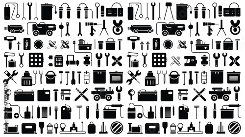 Extensive collection of black silhouette icons representing mechanical tools equipment and industrial elements arranged in a grid pattern for diverse design applications