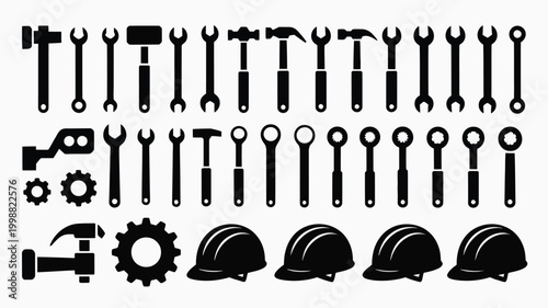 Collection of industrial tools and safety equipment icons hammers wrenches gears and hard hats representing construction engineering and manual labor professions with a clean