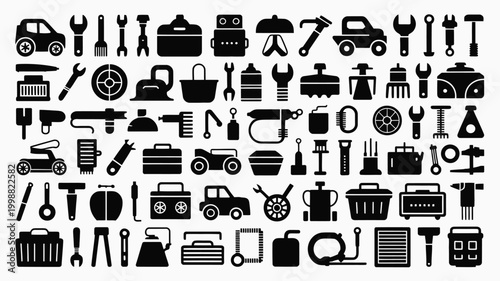 Diverse collection of black silhouette icons representing mechanical tools automotive parts and workshop equipment arranged in a grid for industrial and diy concepts