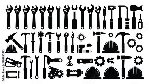 Collection of black silhouette icons representing various construction and mechanical tools including wrenches hammers hard hats and gears isolated on a white background