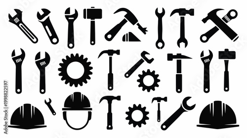 Collection of black silhouette construction and building tools icons including wrenches hammers gears and hard hats representing repair industry and manual labor on a white