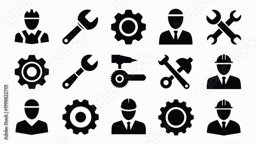 Diverse set of black silhouette icons symbolizing labor industry and craftsmanship featuring workers tools and gears on a clean white background