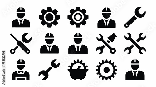 Labor day industry icons set silhouette symbols of construction workers mechanics engineers gears wrenches and tools representing labor industry and manufacturing with a clean