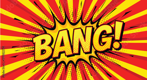 Explosive comic book style bang text with halftone dots on a vibrant yellow and red starburst background for dynamic action scenes.