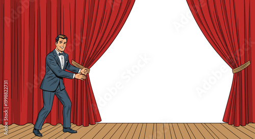 Professional man in a tuxedo opening thick red velvet curtains on a theater stage to reveal a blank white space for messages.