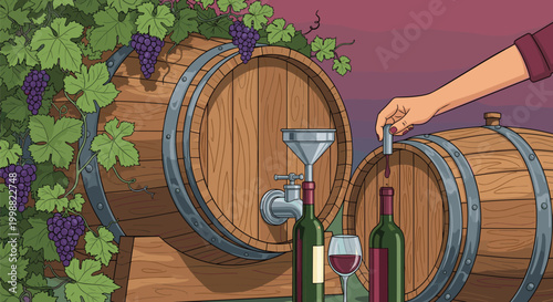Traditional wine making process featuring wooden barrels with ripe grapes and a hand filling a bottle with red wine in a cellar.