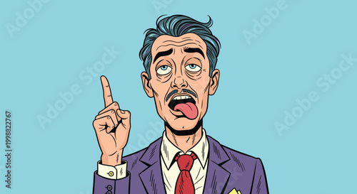 Confused and exhausted man in a purple suit with his tongue out pointing upwards while looking disoriented on a light blue background.