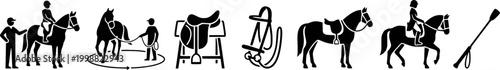 This comprehensive collection of equestrian icons depicts horse riding lessons, training equipment, and horse care items, suitable for educational materials, sports websites, and