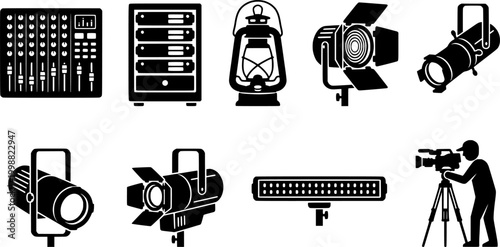 Professional stage lighting and audio visual equipment icons representing various tools for theater production event planning and multimedia design projects