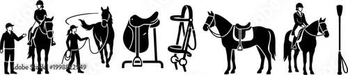 This comprehensive collection of equestrian icons depicts horse riding lessons, training equipment, and horse care items, suitable for educational materials, sports websites, and