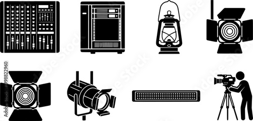 Professional stage lighting and audio visual equipment icons representing various tools for theater production event planning and multimedia design projects