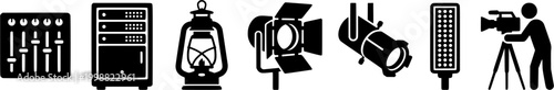 Professional stage lighting and audio visual equipment icons representing various tools for theater production event planning and multimedia design projects