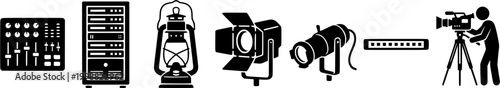 Professional stage lighting and audio visual equipment icons representing various tools for theater production event planning and multimedia design projects
