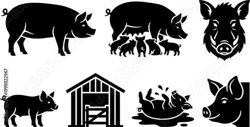 Black pig and wild boar silhouettes for farm animal themes, depicting sows, piglets, boar head, pigsty, and a muddy pig, ideal for agricultural graphic assets.
