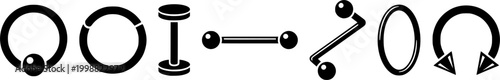 Different types of body piercing jewelry such as barbells, rings, and labrets for modern fashion accessory use
