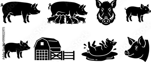 Black pig and wild boar silhouettes for farm animal themes, depicting sows, piglets, boar head, pigsty, and a muddy pig, ideal for agricultural graphic assets.