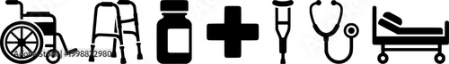 Healthcare symbols including wheelchair, walker, medicine bottle, and medical cross for wellness and accessibility design projects
