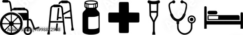 Healthcare symbols including wheelchair, walker, medicine bottle, and medical cross for wellness and accessibility design projects
