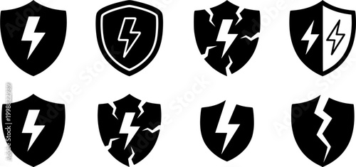 Set of broken shield with lightning bolt icons representing security breach data protection failure and danger useful for cybersecurity warnings alert systems error messages