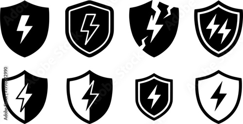 Set of broken shield with lightning bolt icons representing security breach data protection failure and danger useful for cybersecurity warnings alert systems error messages