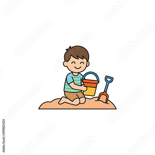 Cute Boy Playing with Bucket and Shovel in Sand