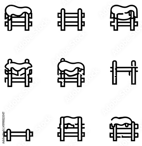 Set of black and white horse silhouettes with different fence