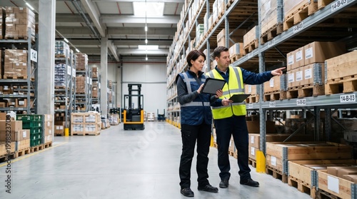 Warehouse workers recording inventory using warehousing technology tablet, commercial, logistic, warehouse, team, co-worker, men at work