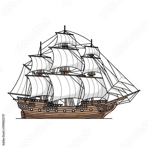 Vintage Tall Ship Illustration - Sailing Vessel with Full Sails