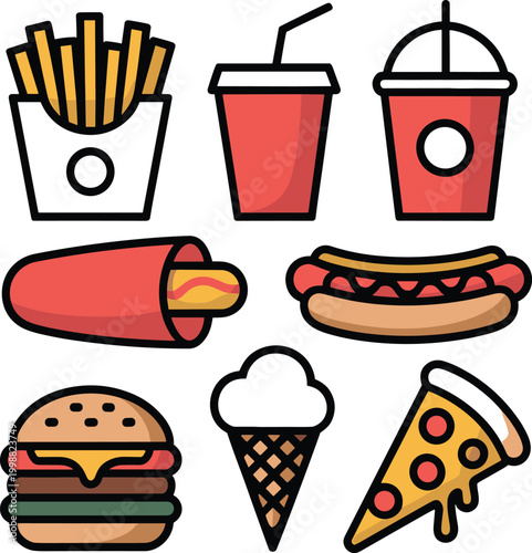 Fast food burger, fries, hot dog, pizza, ice cream, and drinks