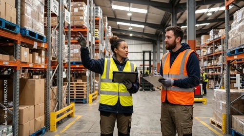 Warehouse workers recording inventory using warehousing technology men at work, logistic, tablet, team, commercial, co-worker, warehouse