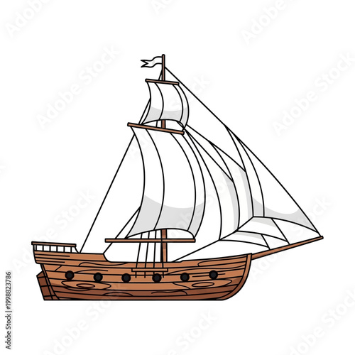 Vintage Wooden Sailing Ship with White Sails, Nautical Adventure