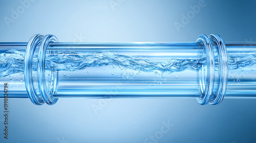 Clear water flowing through transparent pipe system on blue background, modern technology concept with copy space.