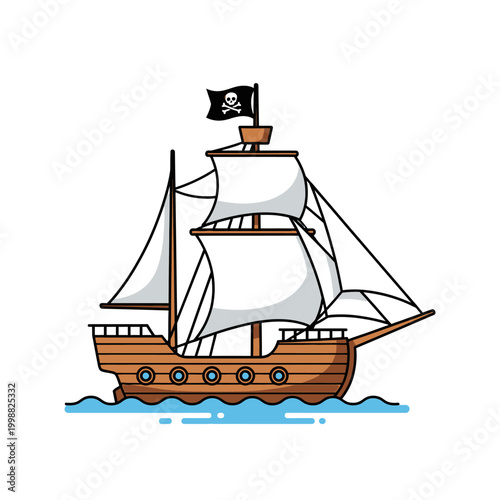 Cartoon Pirate Ship Sailing on Blue Water with Jolly Roger Flag
