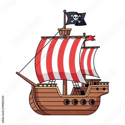 Cartoon Pirate Ship with Jolly Roger Flag and Red Striped Sails
