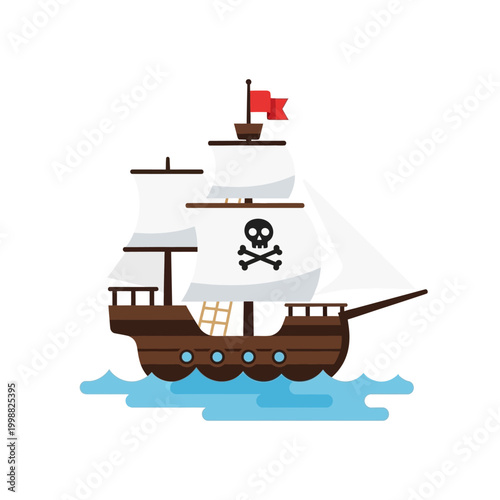 Vector illustration of a pirate ship with a Jolly Roger flag sailing on blue water