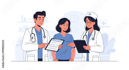 Medical professionals discuss patient records with a female patient in a clinic