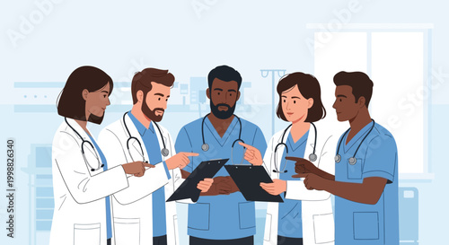 Medical team discussing patient records in a hospital setting together