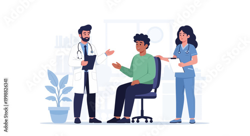 Medical professionals examining a patient in a clinic setting with a doctor and nurse