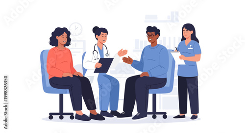 Doctor consulting patient with nurse and assistant in clinic