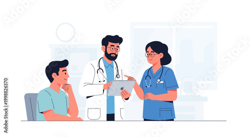 Doctor and nurse discussing patient care with a concerned male patient indoors