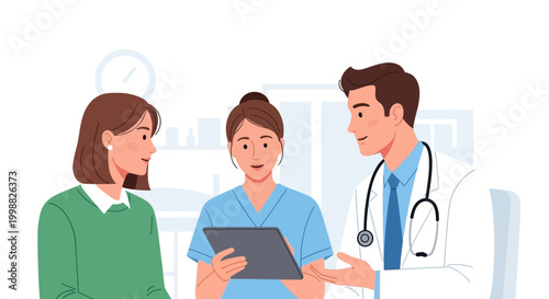 Doctor and nurse discuss patient information with concerned woman in hospital